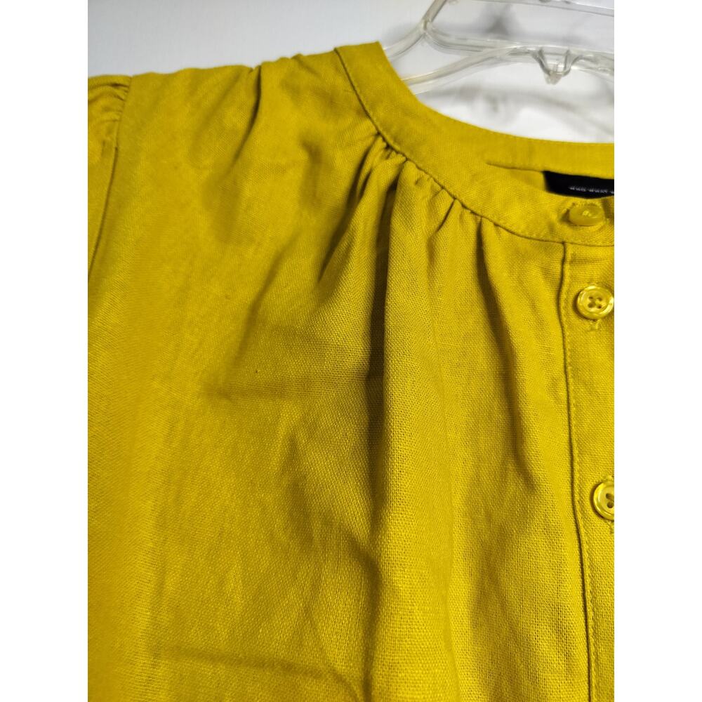 5578)Who What Wear L Chartreuse Yellow Peasant Linen Blend Button Front Blouse - Picture 3 of 8